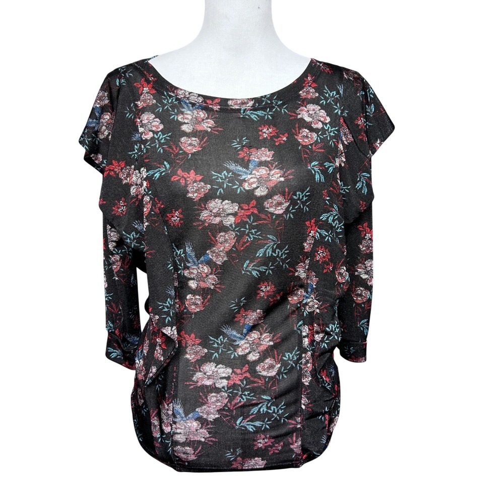 Free People Floral Ruffle Top Women XS Black Keyhole Back 3/4 Sleeve Romantic
